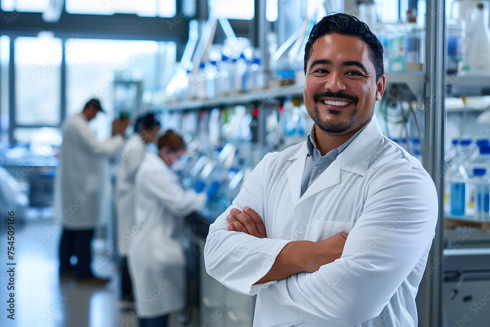A proud Latino man, clad in a lab coat, stands with confidence in a high-tech research facility. Behind him, scientists diligently work on futuristic equipment. With a confident smile and arms crossed