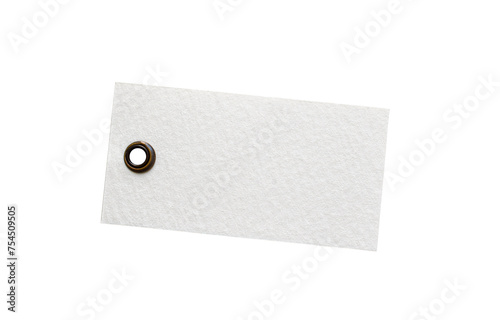 Φωτογραφία White textured paper tag with brown metal grommet hole isolated cutout on transp