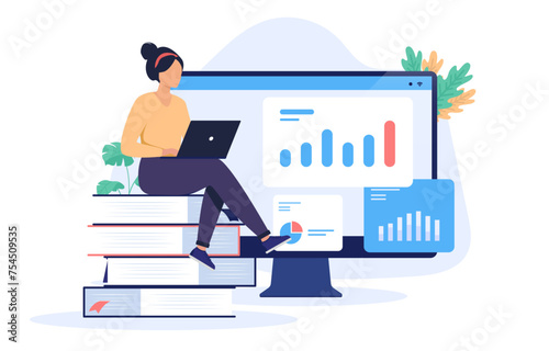 Woman studying - Female student person sitting on stack of books with laptop in lap doing online study with graph and charts. Financial education and data learning concept in flat design vector
