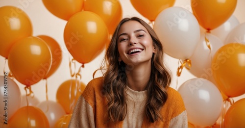 Thanksgiving delight captured in a stunning 12K resolution image featuring a joyful teenage girl surrounded by orange and yellow balloons on an orange background. Shot with an 85mm lens, with space fo