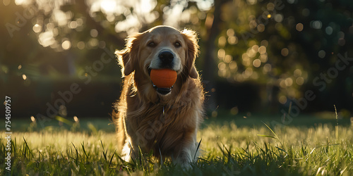 Retriever Dourado Brincando com a Bola em um Campo Gramado Sob Luz Natural Suave photo