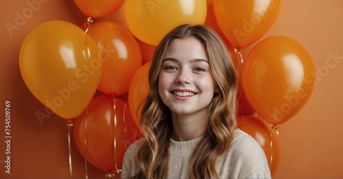 Vibrant Thanksgiving celebration a teen girl's joy enhanced by orange and yellow balloons on an orange backdrop. High-resolution 12K image taken with an 85mm lens, with room for your message photo