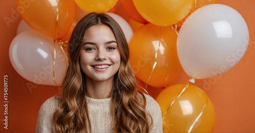 Thanksgiving happiness in vivid detail a beaming teen girl with orange and yellow balloons against an orange background, captured in exquisite 12K quality with an 85mm lens. Copy space for your person photo