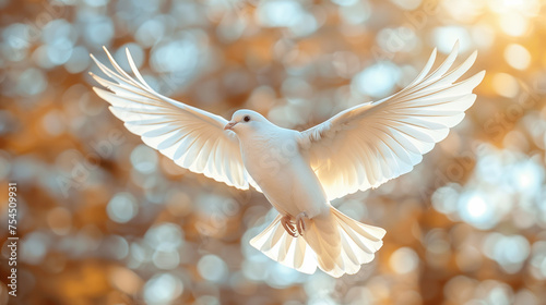 A pure white dove spreads its wings wide, soaring with elegance against a backdrop of golden bokeh light © weerasak