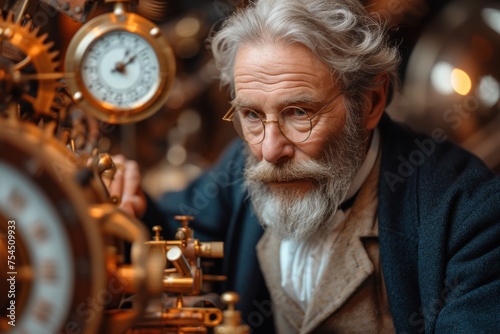A steampunk-inspired inventor in a workshop filled with brass gadgets and gears, working on a time-travel device. photo