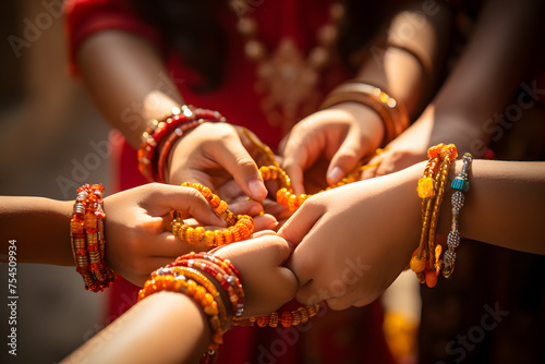 Siblings exchange colorful bracelets, symbolizing a bond of protection. Generative AI photo