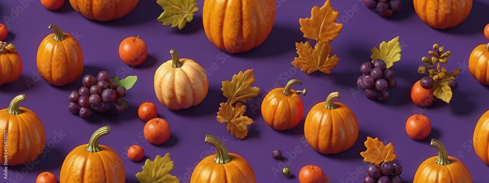 3D style pumpkins and autumn fruits on purple background