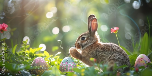 A cute Easter bunny is drawing on a easter egg in a magical forest