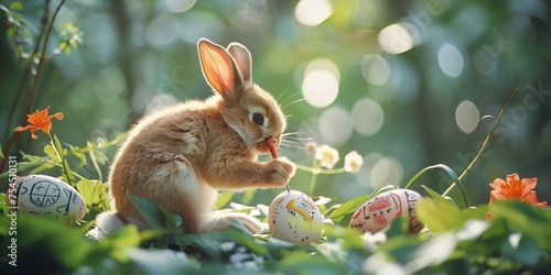 A cute bunny is drawing on Easter eggs in a magical place