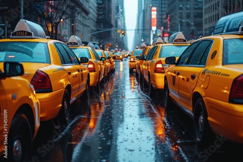 City taxi fleet parked neatly in a row, ready for service