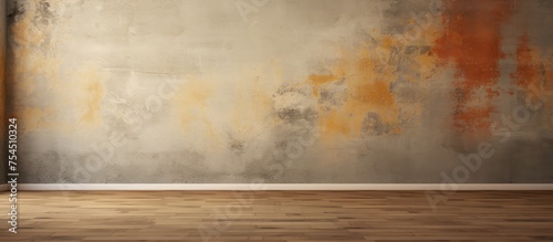 A home interior featuring an empty room with a color grunge wall and wooden floors. The focal point is a painting hanging on the wall.