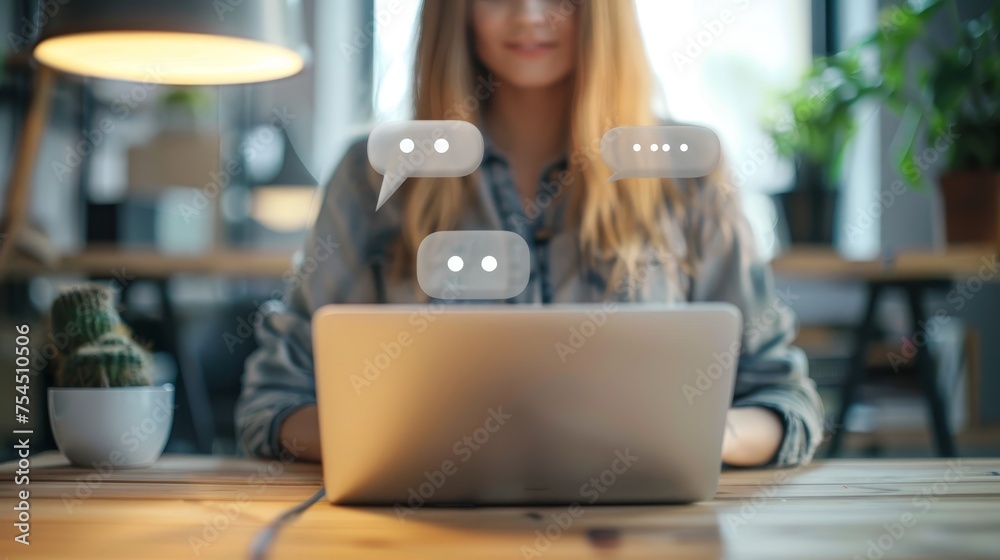 A woman tying on laptop keyboard surrounded by speech bubble overlay. A woman tying on laptop keyboard surrounded by speech bubble overlay.