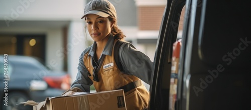 female courier is delivering a package