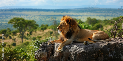 Leão majestoso descansando em um afloramento rochoso com paisagem de savana ao fundo capturado em ampla vista com lente teleobjetiva photo