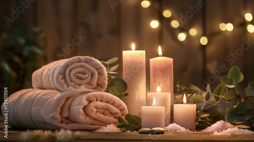 A relaxing spa setup with towels  candles  lush leaves  and rock salt on wooden table