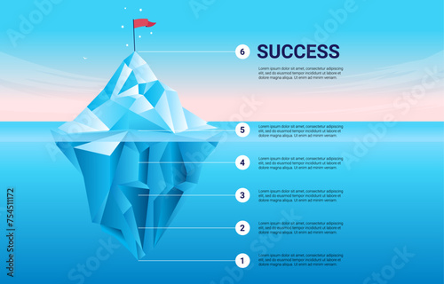Business iceberg infographic model - Corporate strategy illustration of ice mountain with steps to the top to reach flag goal and success on top. Flat design in blue colours