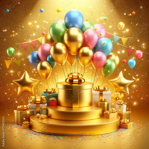 3D scene for a birthday celebration, featuring a golden podium as the centerpiece. 