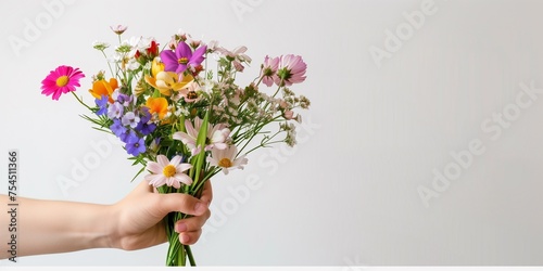 small bouquet of spring flowers in human hand on white background 