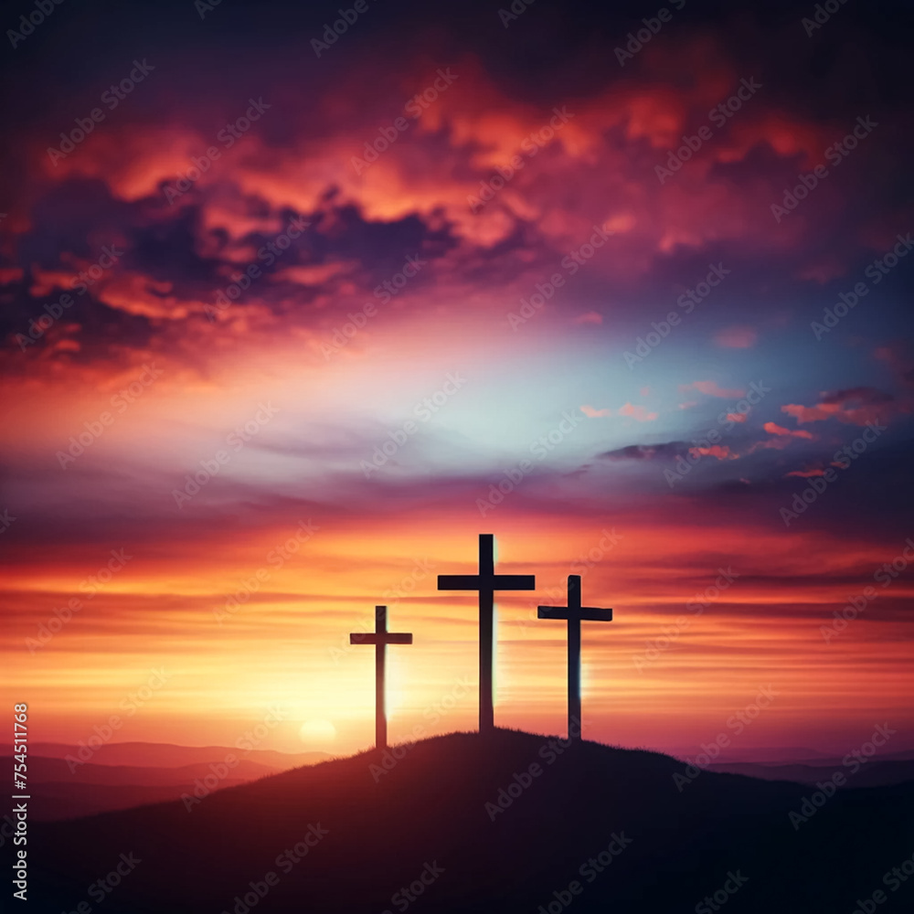A serene yet poignant scene depicting Jesus Christ crucified on the cross at Calvary hill. 