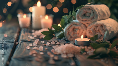 A relaxing spa setup with towels, candles, lush leaves, and rock salt on wooden table