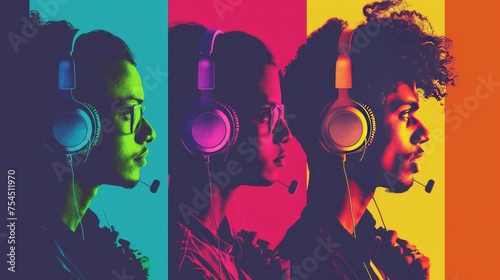 A Group Of People Wearing A Headset With A Colorful Background.