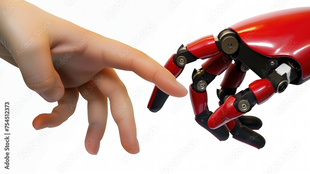 Ludzka ręka sięga w kierunku czerwonej, metalowej dłoni robota, która jest w zasięgu. Więź robota i człowieka. - obrazy, fototapety, plakaty 