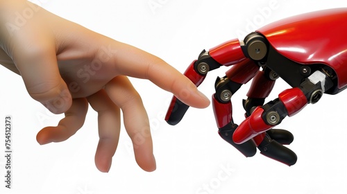 Ludzka ręka sięga w kierunku czerwonej, metalowej dłoni robota, która jest w zasięgu. Więź robota i człowieka.