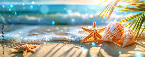 Summer banner captures a vibrant atmosphere with starfish and seashells on a sparkling, sunlit beach.