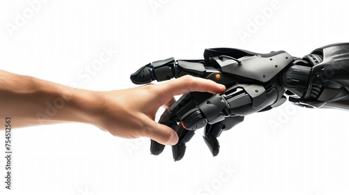 Ludzka ręka wkłada z zaufaniem swoją dłoń w dłoń robota, tworząc połączenie.