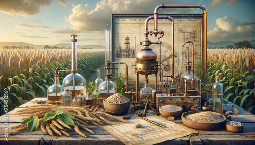Biofuel production in vintage-inspired laboratory with copper distillation apparatus.