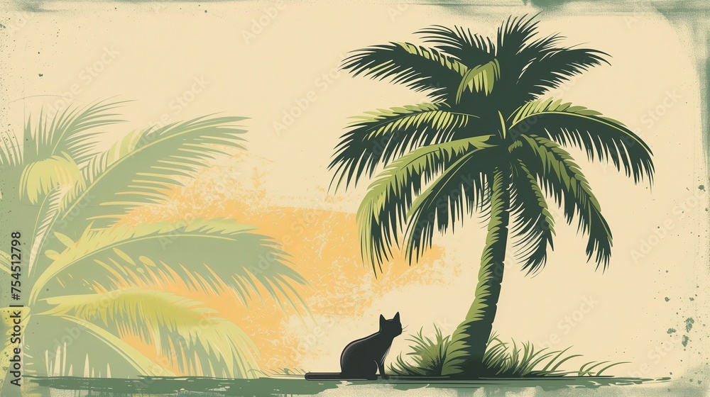 Na plaży siedzi czarny kot pod palmą, ciesząc się słońcem i otoczeniem. - obrazy, fototapety, plakaty 