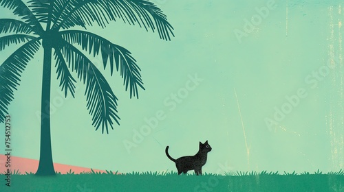 Czarny kot stoi na otwartym polu obok wysokiej palmy. Kot spogląda wokół siebie, badając swoje otoczenie. photo