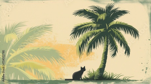 Na plaży siedzi czarny kot pod palmą, ciesząc się słońcem i otoczeniem.