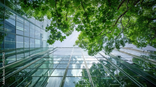 View of tall buildings from glass with cool green trees. Generate AI image