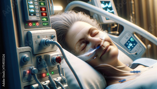 A middle-aged woman in a hospital room lying in bed. She is hooked up to a series of life support machines, and monitors next to her display her heart rate, oxygen levels and other vital statistics.