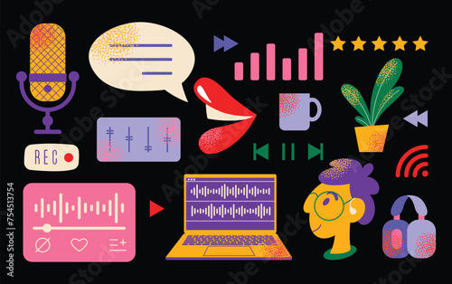 Headphones, microphone, laptop, equalizer, speech bubbles. Podcast recording and listening, broadcasting, online radio, audio streaming service Concept. Vector set illustration isolated on background