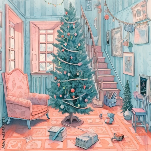 a Christmas tree print, josh rosman, joy laforme, inside of the house, in the style of brush drawing, in the style of azure and pink, doodle drawing, anne dewailly, storybook illustrations photo