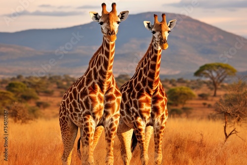 Two giraffes standing majestically on the vast and picturesque savannah landscape
