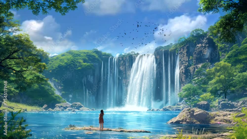 Woman with waterfall in the forest. Seamless looping time-lapse 4k video animation background