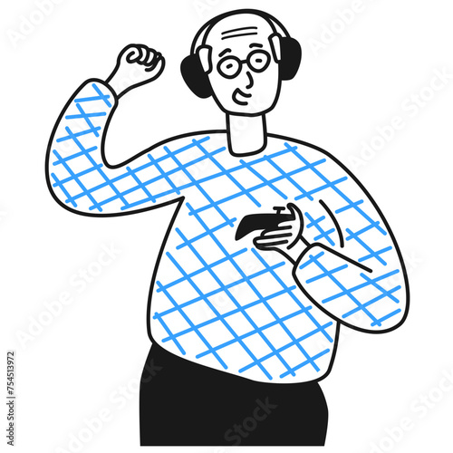 Senior man playing video games illustration