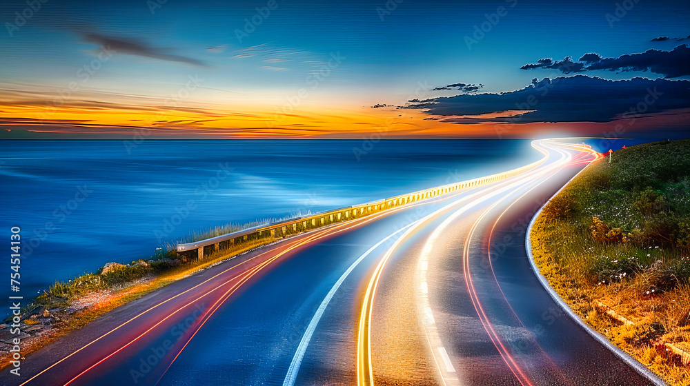 Dynamic Highway at Sunset, Fast Traffic Movement, Travel and Transportation Concept, Beautiful Skyline