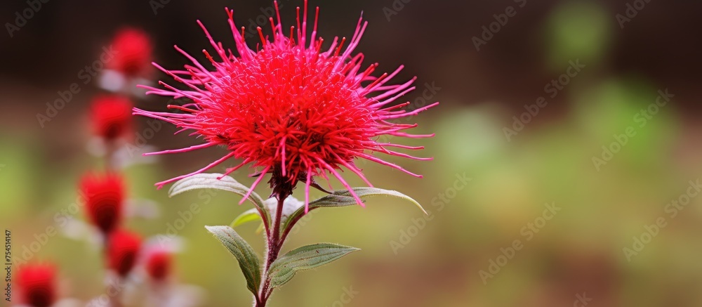 A detailed view of a vibrant redflower ragleaf in sharp focus against a softly blurred background. The intricate details of the flower are prominent, showcasing its vivid red petals and delicate A detailed view of a vibrant redflower ragleaf in sharp focus against a softly blurred background. The intricate details of the flower are prominent, showcasing its vivid red petals and delicate