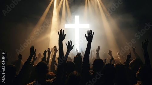 Christian people raise their hands up praying to god. Generate AI image