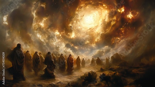 Doomsday, resurrection of the dead, figures in cloaks with hoods are walking towards the light coming from the sky photo