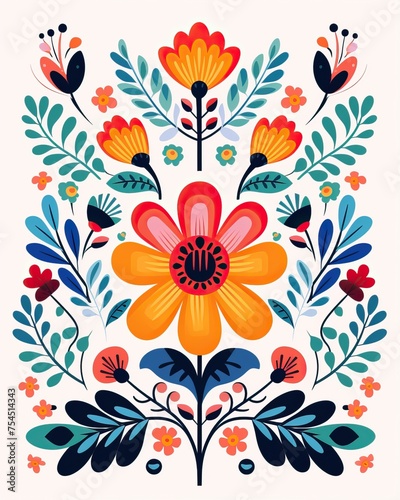 Symmetrical Ornament Flowers Leaves Scandinavian Folk