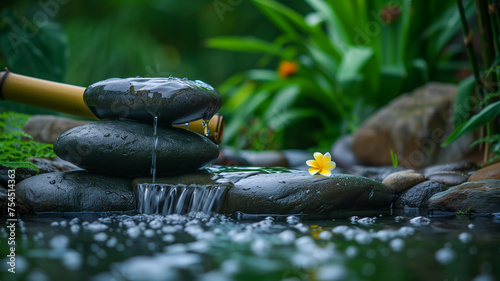 Close up of beautiful calm and quiet Japanese Zen Garden at a pond with stones.