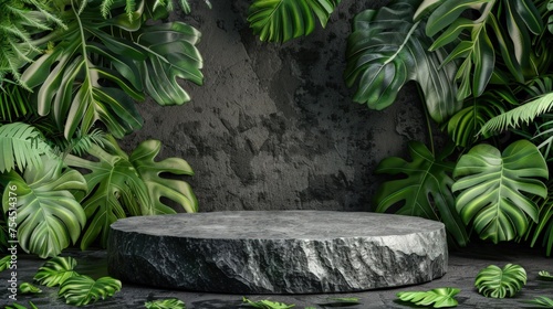 Black stone podium in front of green plant foliage to place your products. Generate AI image