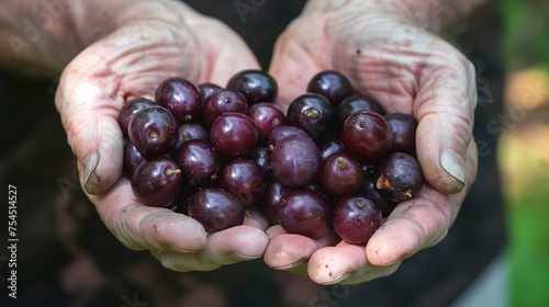 A Pair of Hands Holding Handful of Fresh Picked Muscadines with Farmer and Muscadine Foilage Blurred in Background