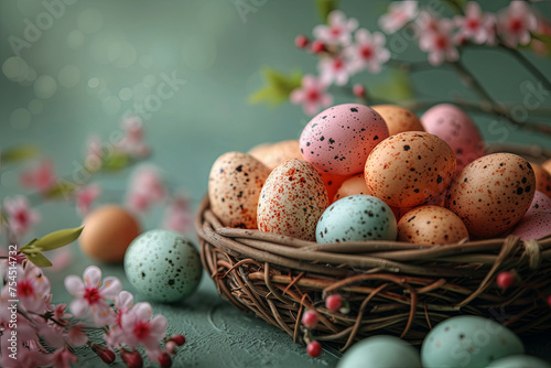 Basket full of colorful easter eggs with a green background