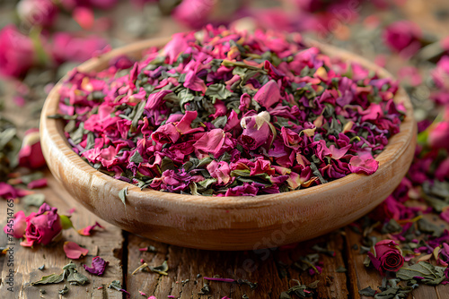 Pink Matcha. Matcha green tea mixed with pink rose petals in wooden bowl. Close-up